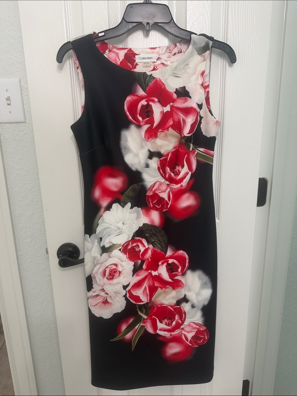 Calvin Klein Black Sheath Dress with Red and White Floral Print